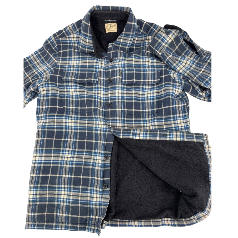 L.L. Bean Flannel Shirt Jacket XL Fleece Lined POCKETS Blue Plaid Traditional